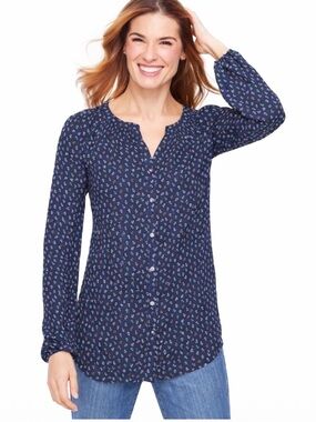 Talbots Navy Blue Nautical Blouse Button Down Top Tossed Anchor Resort Sz LP